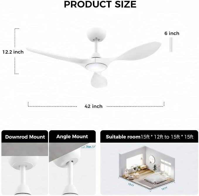 Roomratv Ceiling Fans with Lights and Remote Control,Quiet Noiseless Reversible DC Motor,6 Speeds,Timers, 3 CCT, Indoor Use, Plastic Blades,42 Inch White Modern Ceiling Fan for Bedroom Living Room