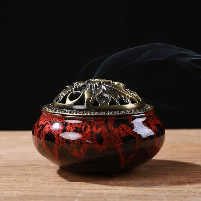 Incense Burner with Calabash Incense Stick Holder - Porcelain Charcoal Censer for Use with Resin Granular Powder Cone or Coil Incense (Fambe Red)