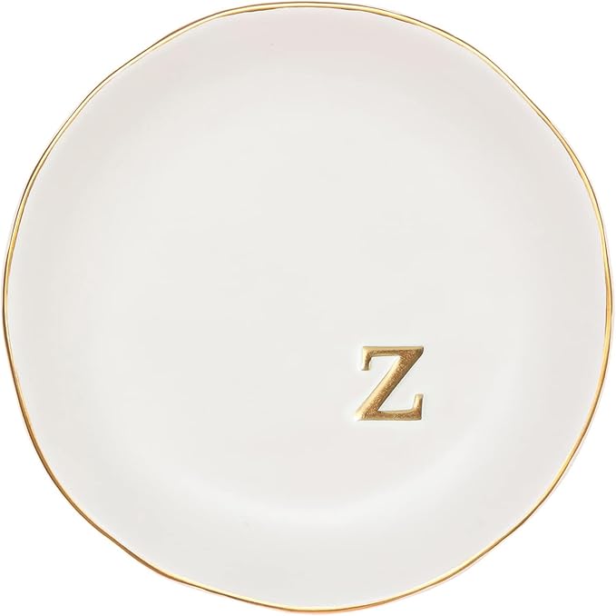 COLLECTIVE HOME Ceramic Jewelry Tray, Trinket Dish, Gifts for Women (Z) | Mother's Day, Birthday, Christmas, Engagement Gifts, Vanity, Nightstand Decor, Embossed Gold Monogram Ring Dish with Gift Box
