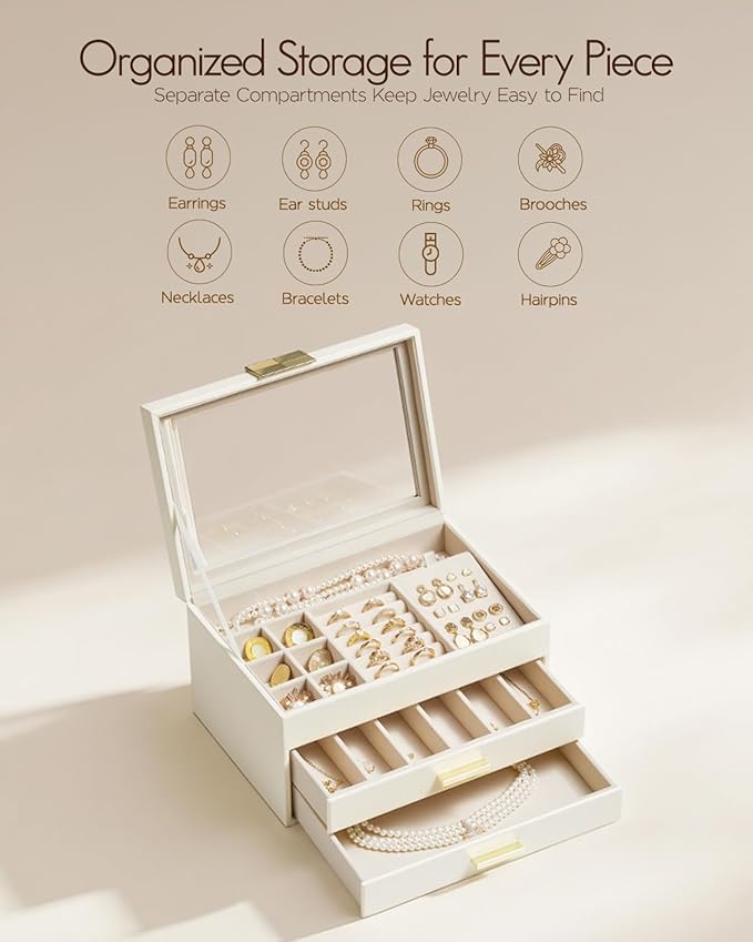 VLANDO Jewelry Box Organizer for Women, 3-Layer Jewelry Storage Case with Glass Lid, Gold Handle, 2 Drawers for Rings, Earrings, Necklaces and Bracelets - Cloud White