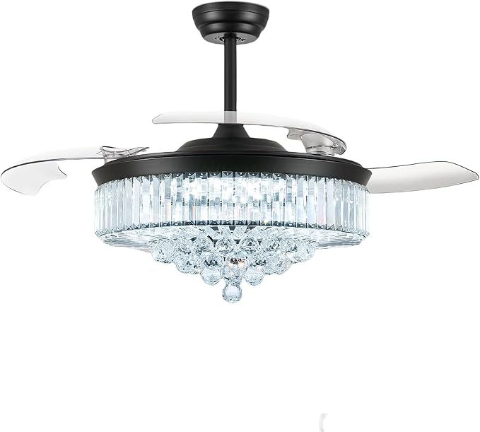 48 Inch Fandelier Ceiling Fans with Light, Chandelier Ceiling Fan, Retractable Ceiling Fan for Bedroom, Living Room, 3 Color Change, LED Dimmable, 6 Speeds, Reversible DC Motor- Black