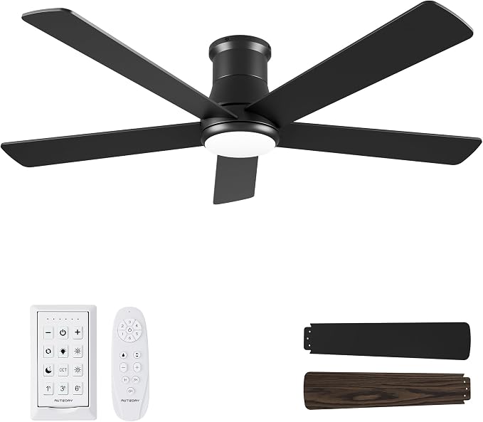 52 Inch Low Profile Ceiling Fan with Light, Black Flush Mount Ceiling Fans with Lights and Remote, 6 Speeds Reversible Quiet DC, 3CCT Dimmable, Indoor Outdoor Ceiling Fans for Patios Bedroom