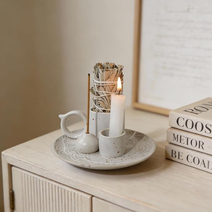 Tnstbiee 4-in-1 White Ceramic Palo Santo Burner & Holder - Versatile Candle and Smudge Tray for Incense Sticks, Cones, and Sage - Ideal Zen Meditation Altar Accessory for Enhanced Aromatic Experience