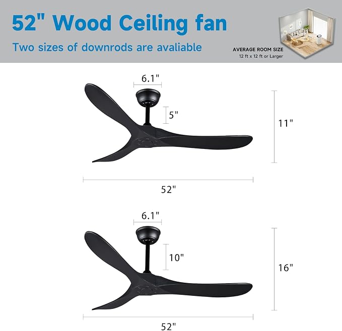 Bigzone 52" Outdoor/Indoor Black Ceiling Fans Without Lights with Remote Control, Energy Efficient DC Motor 27W, Smart Ceiling Fan With Reversible Blades