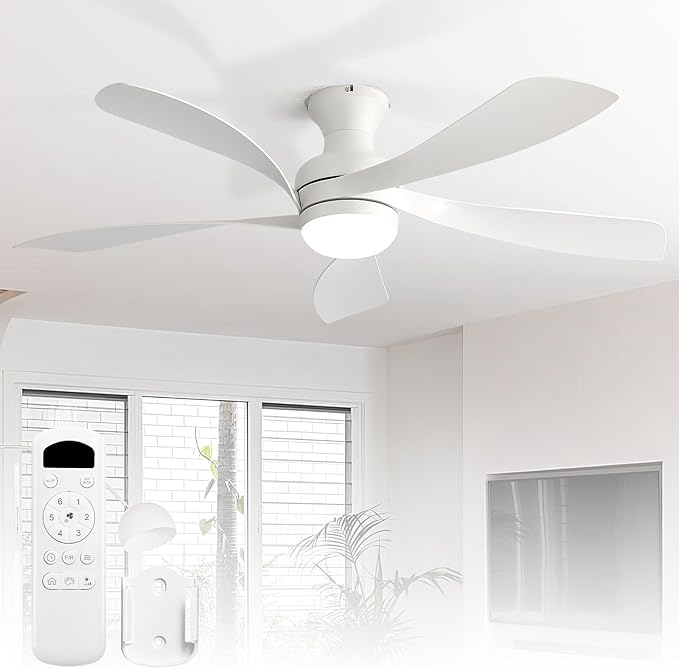Sofucor 52 Inch Low Profile Ceiling Fan with Light, Flush Mount Outdoor White Ceiling Fan with Remote for Bedroom Living Room Patio, Dimmable LED High Airflow Quiet Reversible DC Motor