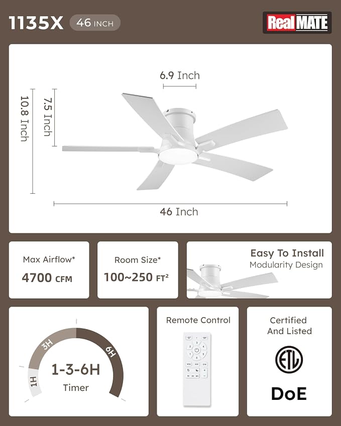 46 Inch White Flush Mount Ceiling Fans with Lights and Remote | 3CCT Dimmable LED, 6 Speed, Quiet DC Motor, 3-Level Timer Function, Forward/Reserve For all Seasons, Indoor/Covered Outdoor