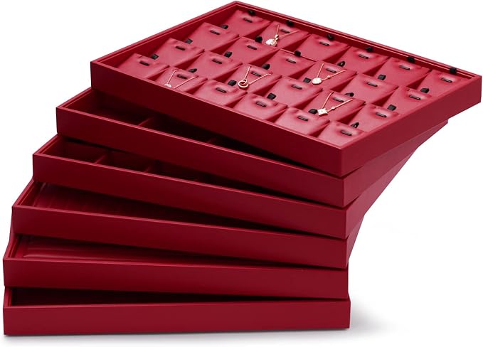 Oirlv Red Leather Jewelry Necklace Display Tray | Red Leather Exterior, Soft Microfiber Interior, Chain Tray, Keeps Necklaces Organized, Vibrant Red for Eye-Catching Display