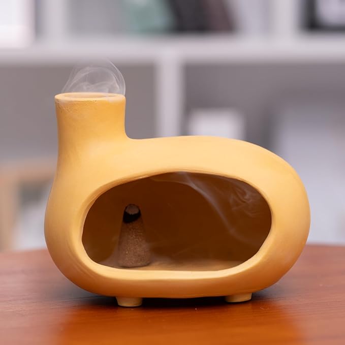 MOUGIGI Yellow Palo Santo Holder with Chimney–Mini Fireplace Incense Burner for Sage Burning, Wood Sticks, Cones&Tealights-Handcrafted Ceramic Smudge Bowl,Aromatic Incense Burner-Yoga Meditation Gift
