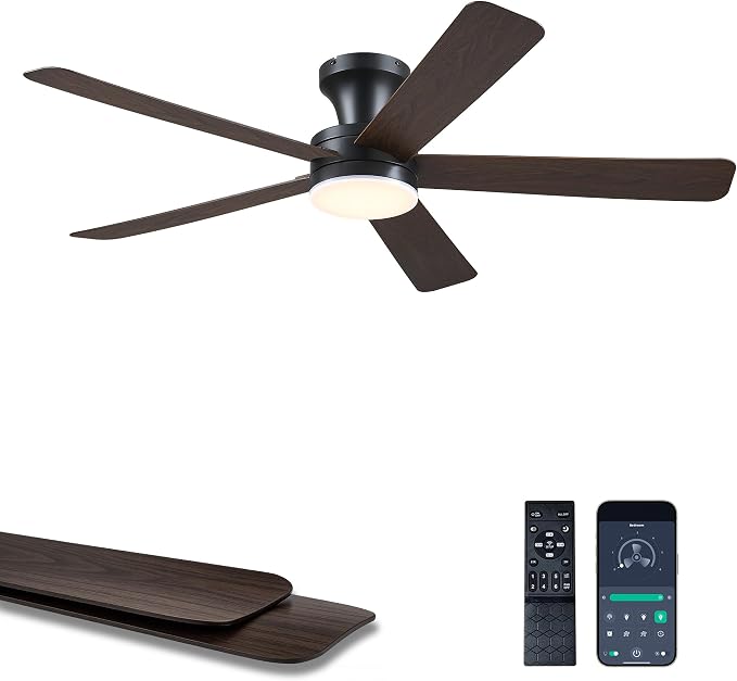 Ayaoty 46" Ceiling Fans with Lights and Remote - Flush Mount Ceiling Fan Light with ABS Blades and 3CCT Dimmable, Reversible, Low Profile Fan Light for Indoor Modern Bedroom, Kitchen, Brown