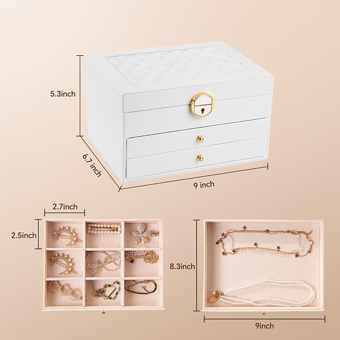 3 Layer Jewelry Box Organizer with Drawers, Lockable Holder for Women Girls | Large Capacity Storage Case with Velvet Lining, Earring Slots, Ring Cushions, Necklace Hooks, Elegant Gift for Mom