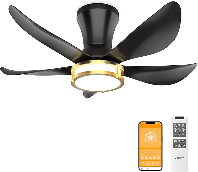 DAMINY 30 Inch Black and Gold 5 Blade Ceiling Fan with Light, Modern Ceiling Fan with Remote,Large Airflow,Flush Mount,6CCT,Dimmable,Noiseless,Bedroom