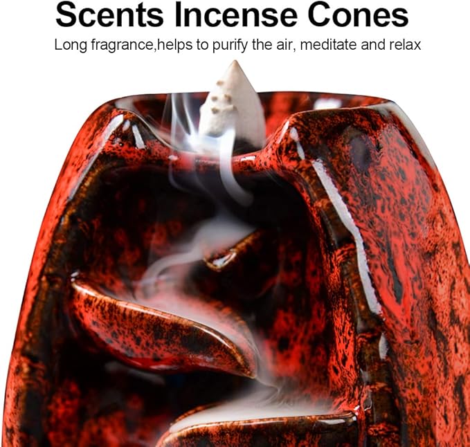 SPACEKEEPER Ceramic Incense Burner Holder Waterfall, Aromatherapy Ornament Home Decor with 120 Backflow Incense Cones & 30 Stick, Red