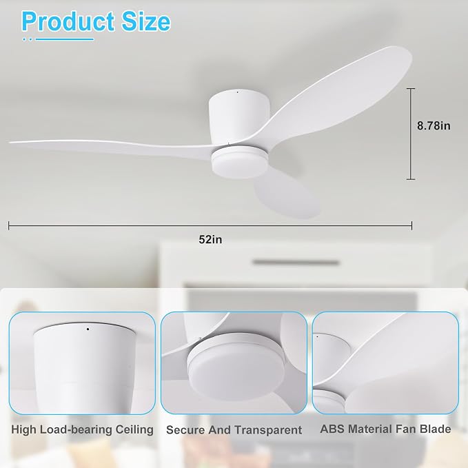 Depuley Flush Mount Ceiling Fan: 52-Inch White Ceiling Fans with Lights for Bedroom Indoor Outdoor - Low Profile Ceiling Fans with Remote Control 24W 3CCT Dimmable 3 Reversible White Blades 6 Speeds