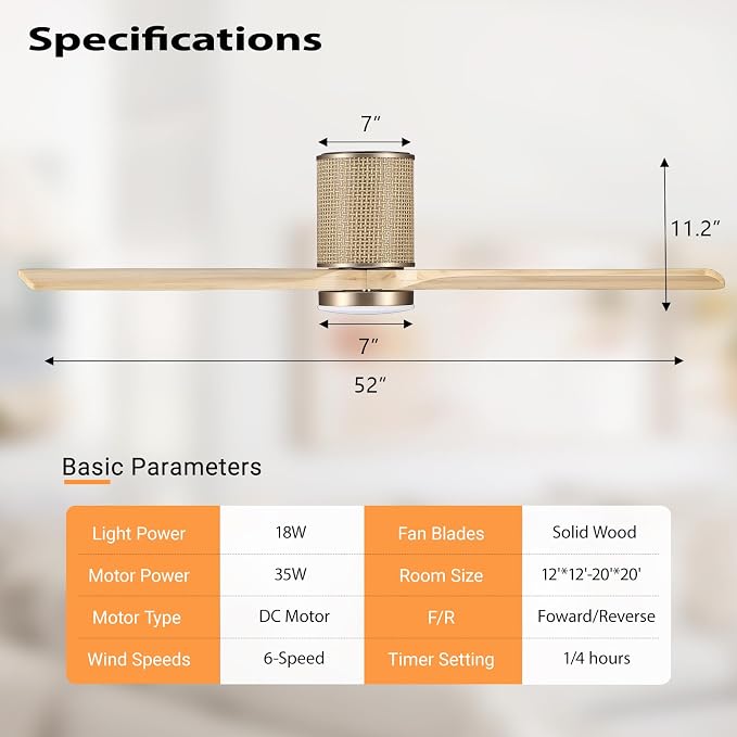 LEDLUX 52" Ceiling Fan with Light - Low Profile Flush Mount Ceiling Fan, 6-Speed Remote Control, Solid Wood, Quiet Reversible DC Motor, Boho Style, for Bedroom, Living Room, Porch, Light Oak/Gold