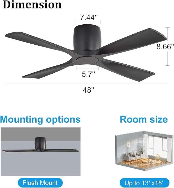 WINGBO 48 Inch Ceiling Fan Without Light,Solid Wood Flush Mount Ceiling Fan with Remote Control, Reversible DC Motor, 4 Blades, 6-Speed Quiet Performance, for Bedroom & Living Room, Black