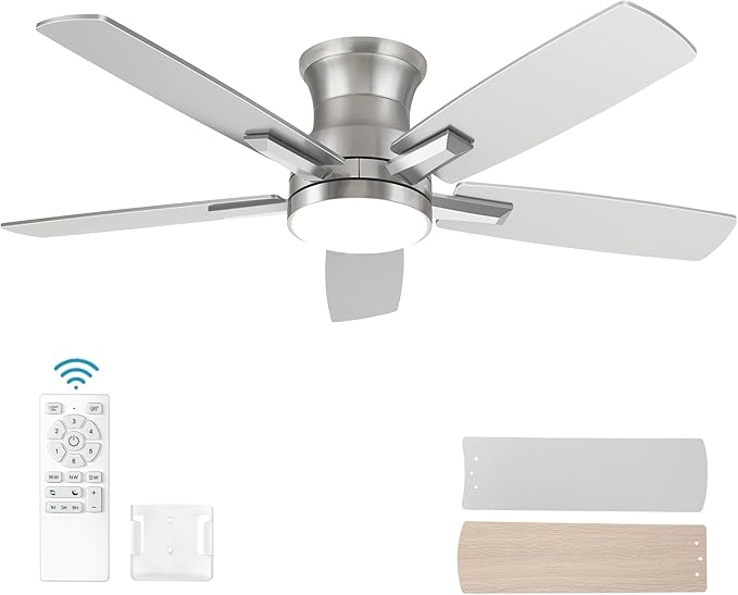 42 Inch Flush Mount Brushed Nickel Ceiling Fan with Light and Remote Control.Noiseless,Dimmable,3CCT,6 Speeds Reversible, Low Profile DC Ceiling Fans for Indoor or Covered Outdoor Use,ETL Listed