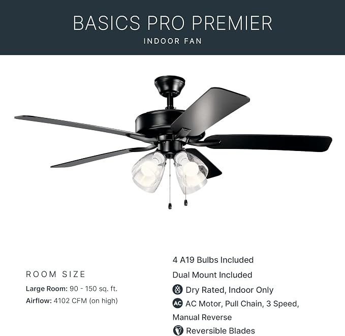 Kichler Basics Pro Premier 52 in Ceiling Fan with Light, Reversible Blade Indoor Fan with 4200 CFM High Airflow in Satin Black, LED Bulbs Included for Bedroom or Kitchen, 330016SBKS