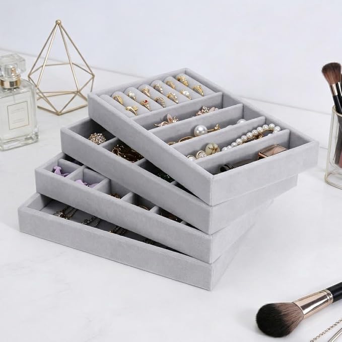 Velvet Jewelry Drawer Organizer – Four-Piece Stackable Jewelry Tray Set for Earrings, Rings, Necklaces, Bracelets, and Watches. Customizable jewelry dividers. Suitable for Dressing Tables or Vanities
