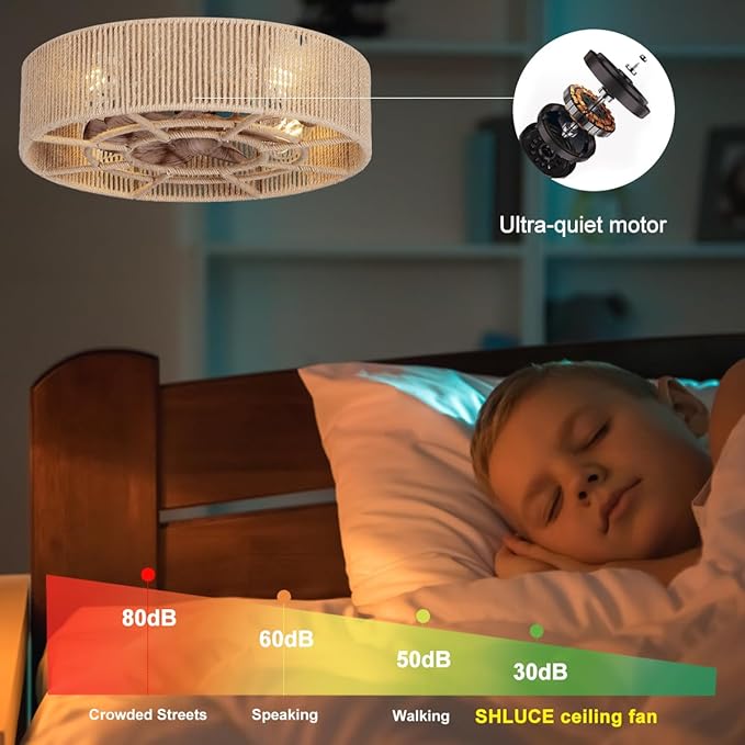 SHLUCE 18" Boho Caged Ceiling Fan with Light, Fandelier Flush Mount Ceiling Fan with Light, Small Low Profile Bladeless Ceiling Fans with Lights and Remote for Bedroom, Living Room, Rattan - ETL