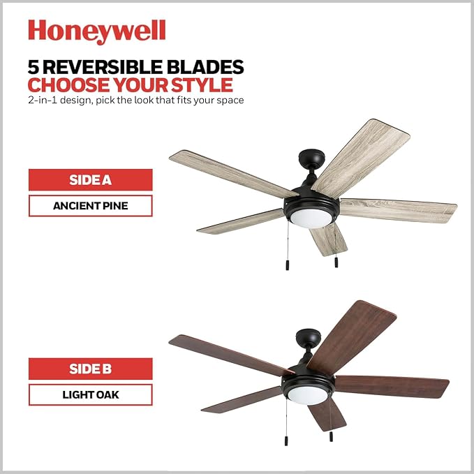 Honeywell Ceiling Fans Ventnor, 52 Inch Modern Farmhouse Indoor LED Ceiling Fan with Light, Pull Chain, Three Mounting Options, Dual Finish Blades, Reversible Motor - 50607-01 (Bronze)