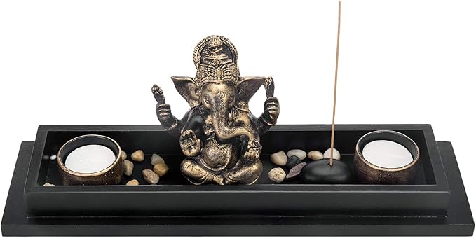 MyGift Mini Zen Garden with Ganesh Statue, Incense Stick Burner, Tealight Candle Holders, Decorative Rocks and Display Tray