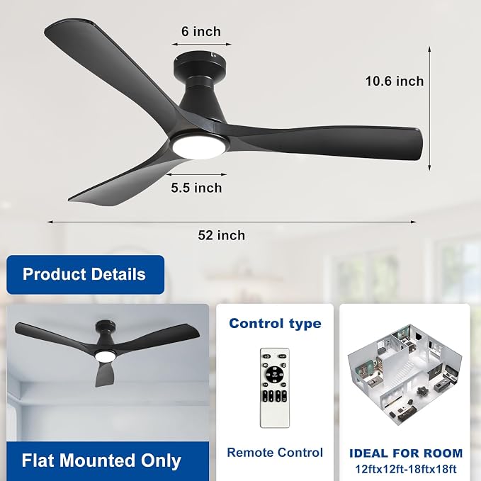 Depuley 52-Inch Ceiling Fans with Lights: Black 3 Blade Flush Mount Low Profile Ceiling Fan for Bedroom - Dimmable Indoor Outdoor Fan with Remote Control Ultra Quiet DC Motor Timer