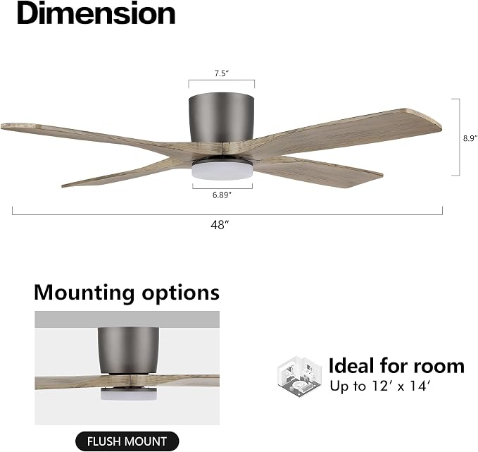 WINGBO 48 Inch Flush Mount DC Ceiling Fan with Lights and Remote, 4 Reversible Carved Wood Blades, 6-Speed Noiseless DC Motor, Hugger Ceiling Fan in Graphite Finish with Gray Blades