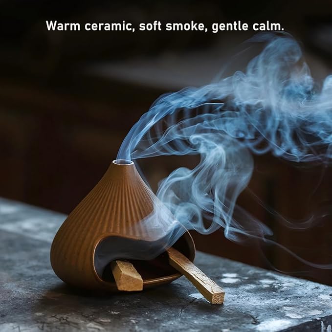 Ceramic Incense Holder, Mini Palo Santo Burner Chimney for Palo Santo Sticks, Cone Incense and Sage Smudging, Handmade Cone Incense Holder Burner for Yoga, Meditation, and Energy Cleansing (Brown 02)