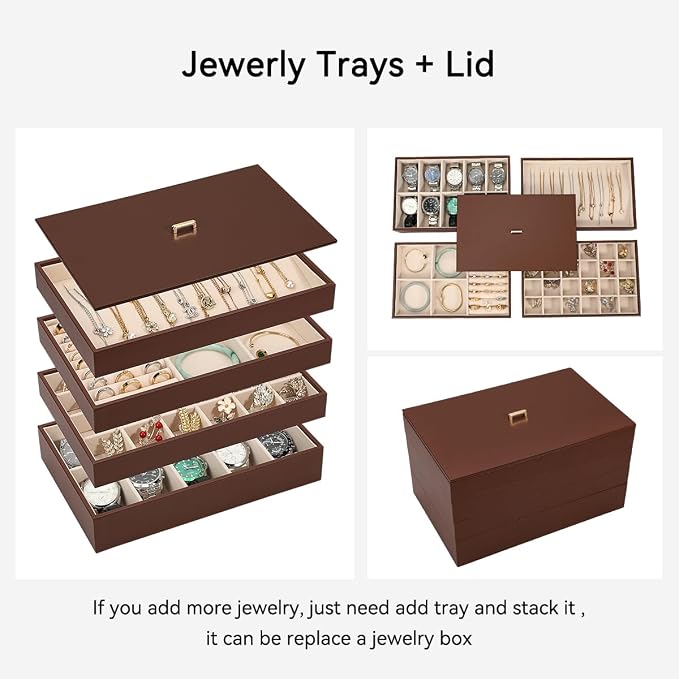Voova Stackable Jewelry Organizer Tray with Lid, PU Leather Jewelry Storage Holder for Drawer Inserts, Jewellery Display Box Case for Earring Necklace Ring Watch Bracelet (Set of 4, Caramel Brown)