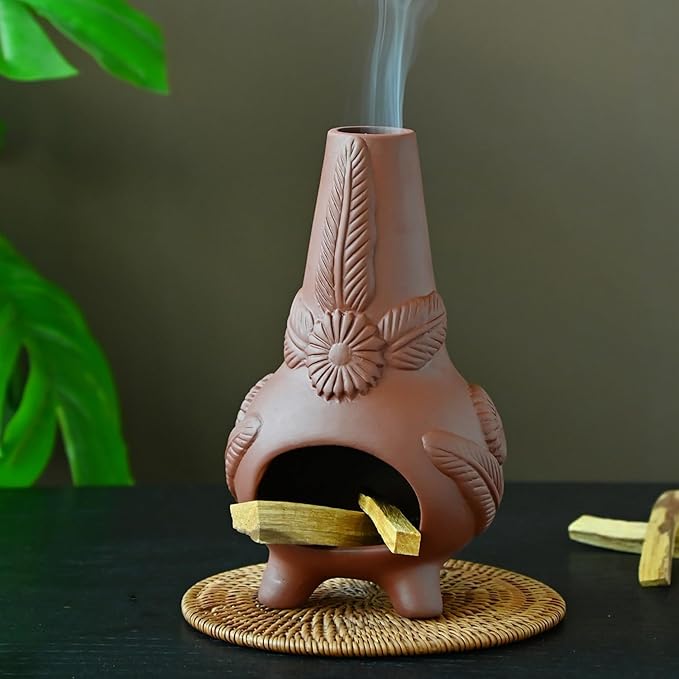 Palo Santo Holder, Ceramic Incense Burner for Wood Sticks, Sage, Cones,Mini Chimenea Palo Santo Burner with Ash Brush for Meditation Yoga Spa Room Decor