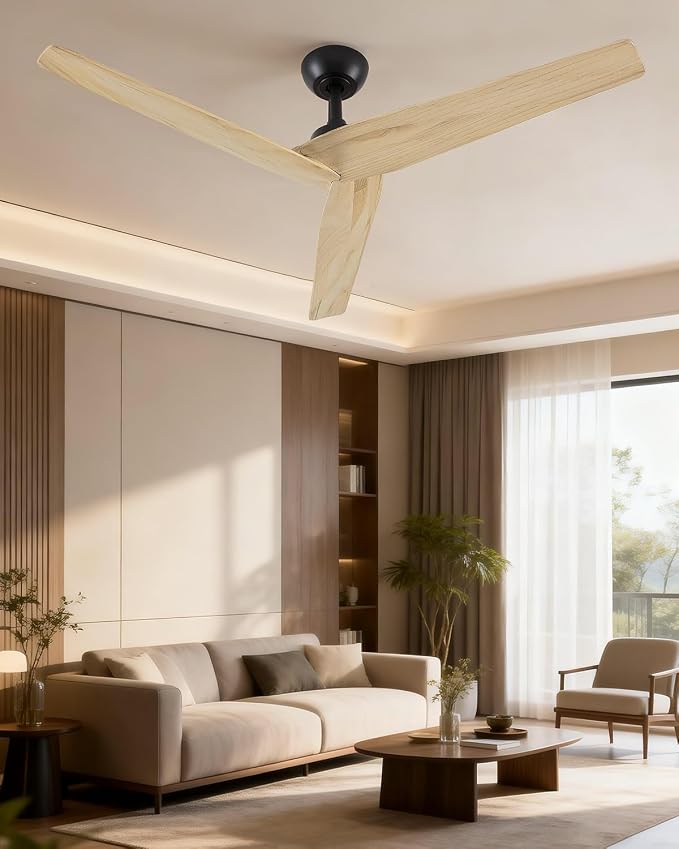 Skylike 52in Modern Wood Ceiling Fan No Light with Remote for Bedroom-Light | Real Wood Blades, Quiet DC Motor,Reversible,Beep-Off Function,6 Speeds,3 Timers,6" downrod,Indoor and Outdoor