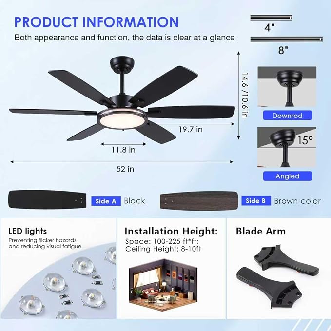 Hounber 52 Inch Ceiling Fans with Lights and Remote, Black Ceiling Fan with 6 Blades Dual Finish, 3CCT, Dimmable, Quiet DC Reversible Motor, Ceiling Fan Modern for Bedroom, Patio, Living Room