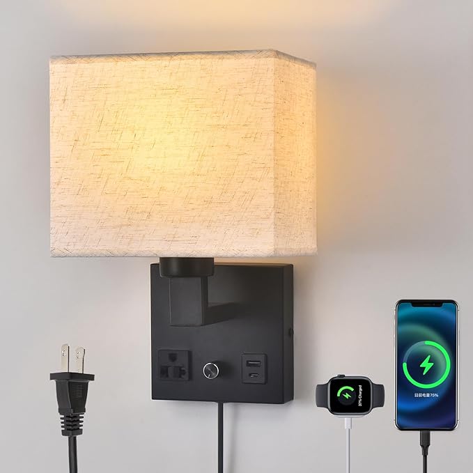 Bedside Wall Lamp for Bedroom, Plug in Wall Sconce - Dimmable Switch with AC Outlet & USB Charging Port, Fabric Shade, Black Wall Mounted Light for Living Room, Hotel (B8045-2Pack)