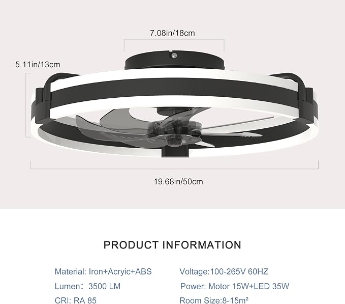 Garwarm 20 Inch Ceiling Fans with Lights and Remote, Modern Low Profile Ceiling Fan,3000K-6000K Dimmable LED Small Fan Light Fandelier for Bedroom,Black