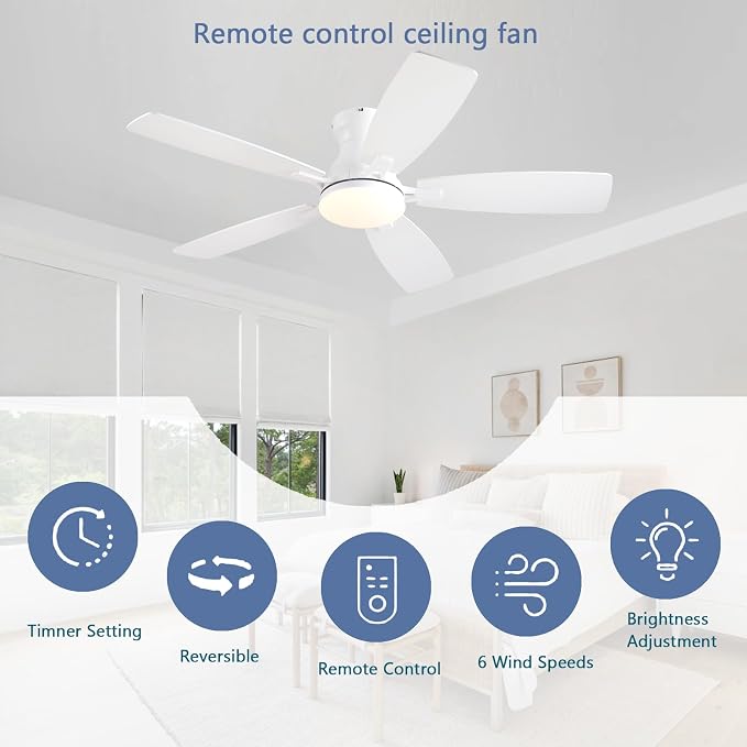 NKPU Ceiling Fans with Lights, Low Profile Ceiling Fan with Light and Remote/APP Control, DC Reversible Motor, Noiseless, Flush Mount, 46inch White Ceiling Fan for Bedroom Indoor/Outdoor Use