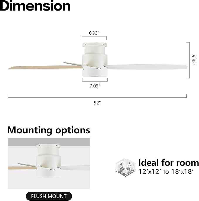 WINGBO 52" Flush Mount DC Ceiling Fan without Lights, 4 Reversible Blades, Ultra Quiet 6-Speed DC Motor, Hugger Low Profile Indoor Ceiling Fan No Lights, White Finish