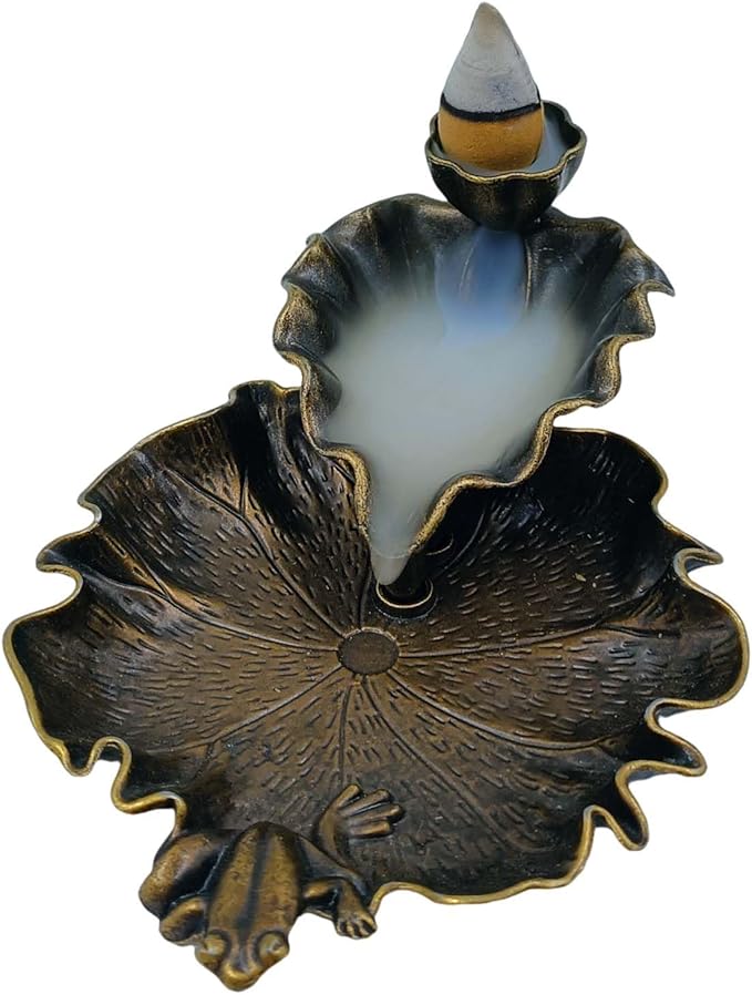 Backflow Incense Holder Bronze Waterfall Insense Burner with 30 Cones in Different Fragrances Lotus and Frog Design Copper Metal Zen Decor for Home Living Room Yoga Room