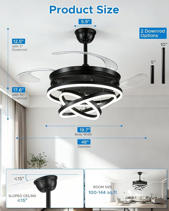 Retractable Ceiling Fans with Lights, 48" Fandelier Ceiling Fan with Light and Remote, Reversible, 3 CCT, Dimmable, Modern Chandelier Ceiling Fan for Bedroom, Living Room, Dining Room (Black)