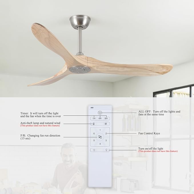 52" Modern Ceiling Fan, No Light, 6-Speed, Reversible, Timed Shutdown, DC Motor, Natural Wood 3 Blade, Porch, Bedroom, Living Room