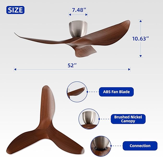52" Walnut Finish Flush Mount Ceiling Fan with Remote, No Light | Modern Low-Profile, Heat Resistant ABS Blades, 6-Speed Reversible Quiet DC Motor for Balcony, Living Room, Bedroom