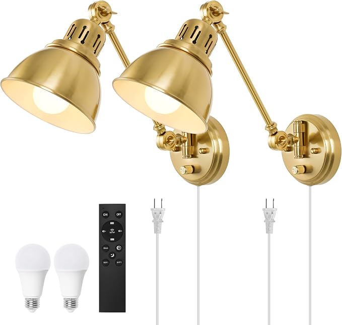 GOODATE Plug in Wall Sconces Set of Two with Remote, Stepless Colors 2700K-6500K & Stepless Dimming, Premium Golden Finish, Plug in Wall Light with Night Light & Timer, LED Bulbs Included