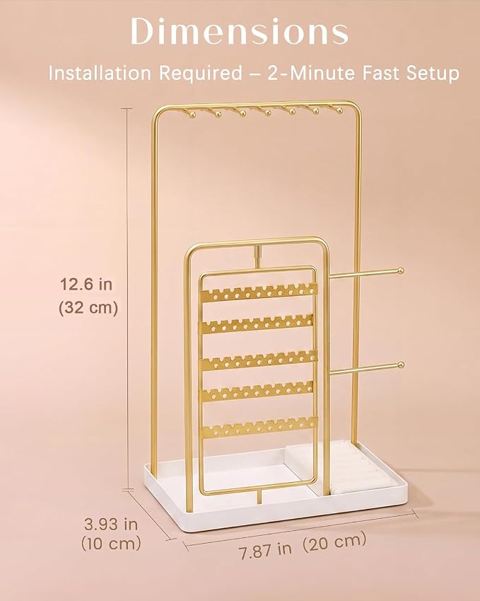 ProCase Jewelry Stand Holder Organizer and Storage, Gold | Rotating Earring Bracelet Holder Storage, Hanging Jewelry Display Velvet Ring Tray, Teen Girls Birthday Gifts Room Dorm Decor