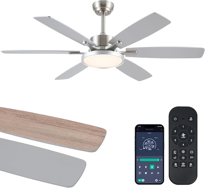 Hounberi 52 Inch Brushed Nickel Ceiling Fan with Light and Remote Control, Reversible DC Motor, Noiseless, Dimmable, 3CCT, 6 Speeds, Modern Ceiling Fan for Living Room, Bedroom, Indoor/Outdoor Use