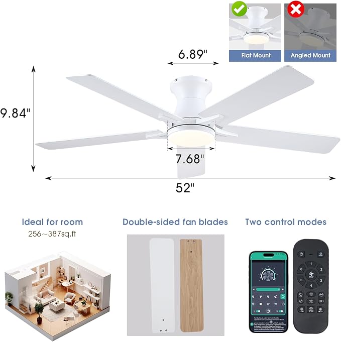 52"Modern White Low Profile Flush Mount Ceiling Fans with Light and Remote | Supports Remote and APP, 6 Wind Speeds, Reversible, Dimmable 3 Light Colors LED Light, Noiseless 30W DC Motor,2H Timer