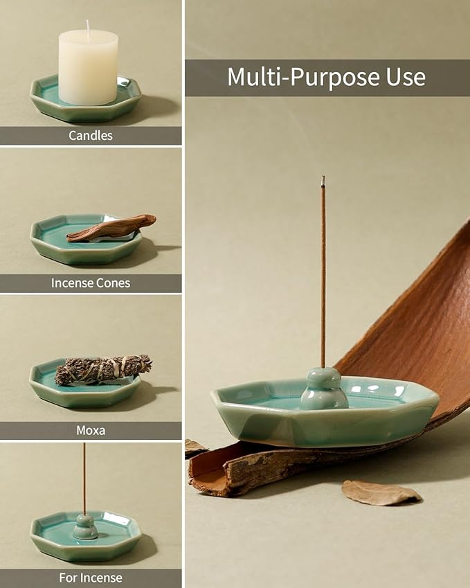 Incense Holder for Sticks, Incense Burner, Ceramic Crackle Glaze Green Incense Holder, Incense Stick Holder with Ash Catcher, ANTIS'S HOME