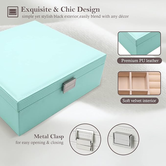 ProCase 2 Layers Jewelry Box for Women -Mint | Large Leather Jewelry Organizer Storage Case with Removable Pad for Earrings