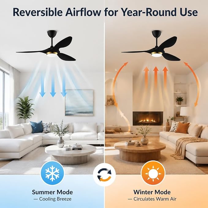 reiga 52 Inch Black Modern Ceiling Fans with Lights and Remote Control, Smart WiFi 3 Blades Quiet DC Motor for Living Room Bedroom Patio Garage, ETL Listed