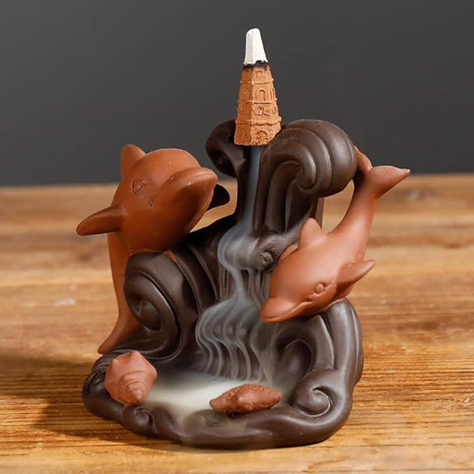 Backflow Incense Waterfall Burner, Cute Cone Holder Dolphin Decor Purple Clay Smoke Fountain Aromatherapy Ornamental with 10 Incense Cone Gift for Home Room Office Desk Indoor Meditation Yoga