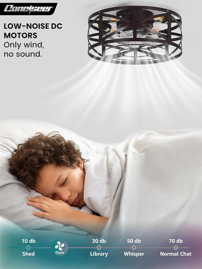 Conciseer 20 Inch Caged Ceiling Fans with Lights and Remote, Flush Mount, Low Profile 7 Blades, 6 Speed Reversible Quiet DC Motor for Bedroom, Kitchen and Living Room, Brown