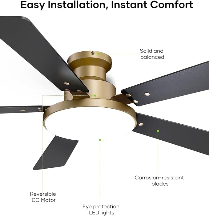 52 Inch Low Profile Gold Ceiling Fans with Lights and Remote/App, Modern Flush Mount Black and Gold Ceiling Fan, 12.2'' Large 3CCT LED Light Panel,6-Speed Quiet Motor for Bedroom Living Room